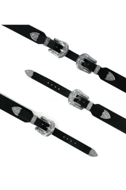 Kobieta AGGI Akcesoria Paski>Pasek Skorzany Dwie Klamerki Ornament Czarno-Srebrny